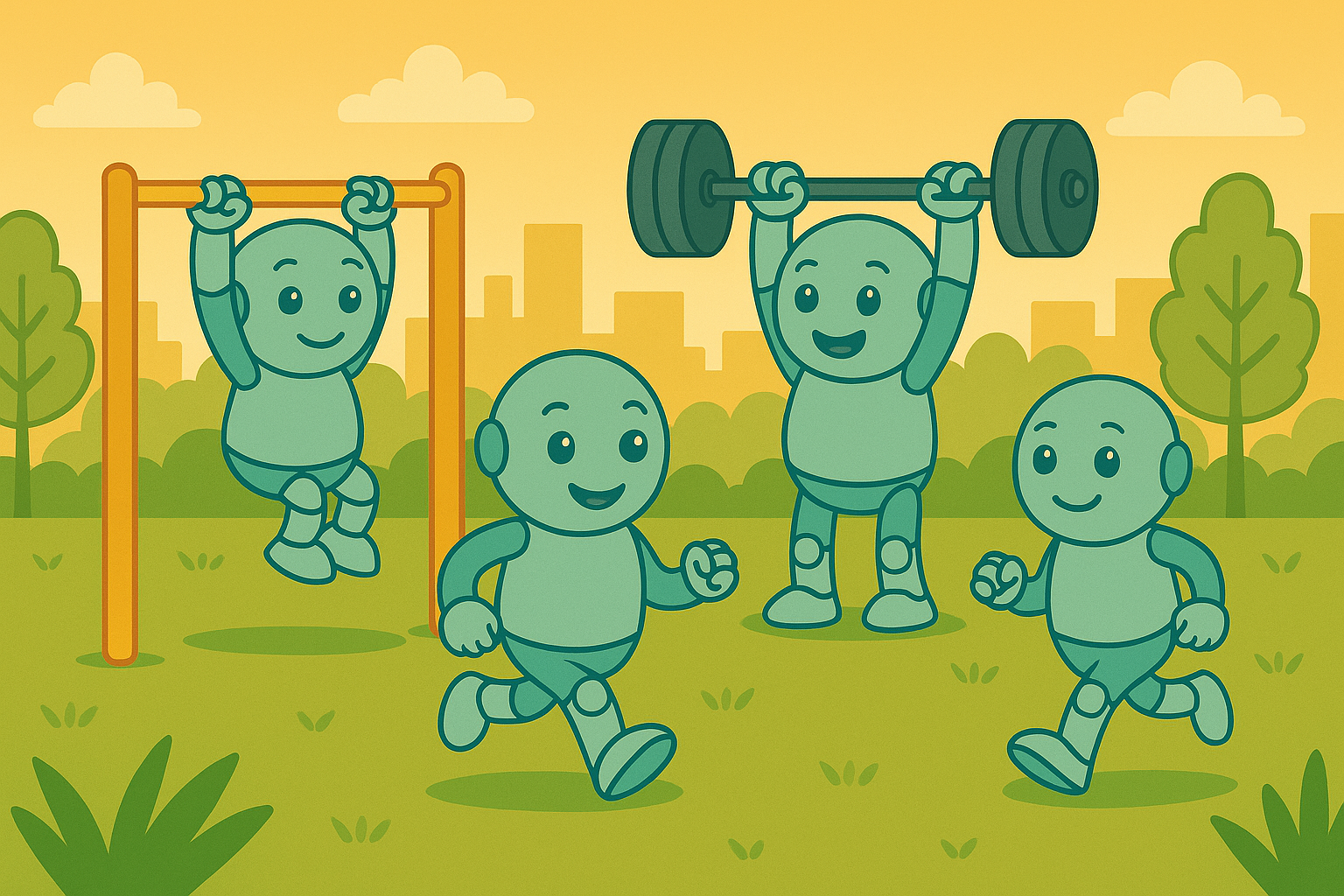 Four Namero robots exercising in a park: one doing pull-ups, two jogging, one lifting a barbell – symbolizing fitness, teamwork, and energy.