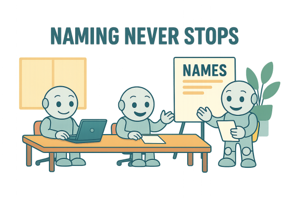 Three robots in a meeting room brainstorming names using NameRobot tools