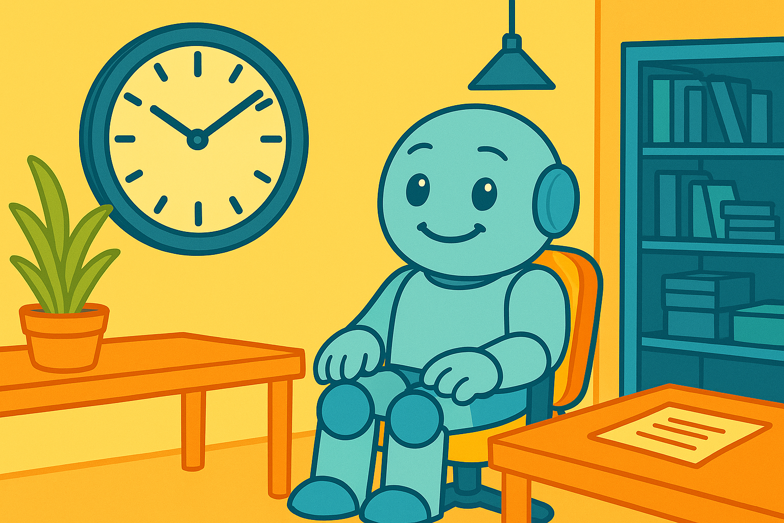 A friendly Namero-style robot sits in an office and thoughtfully looks at a large wall clock. The scene evokes calm and contemplation, reinforcing the message to take time when choosing a brand name.