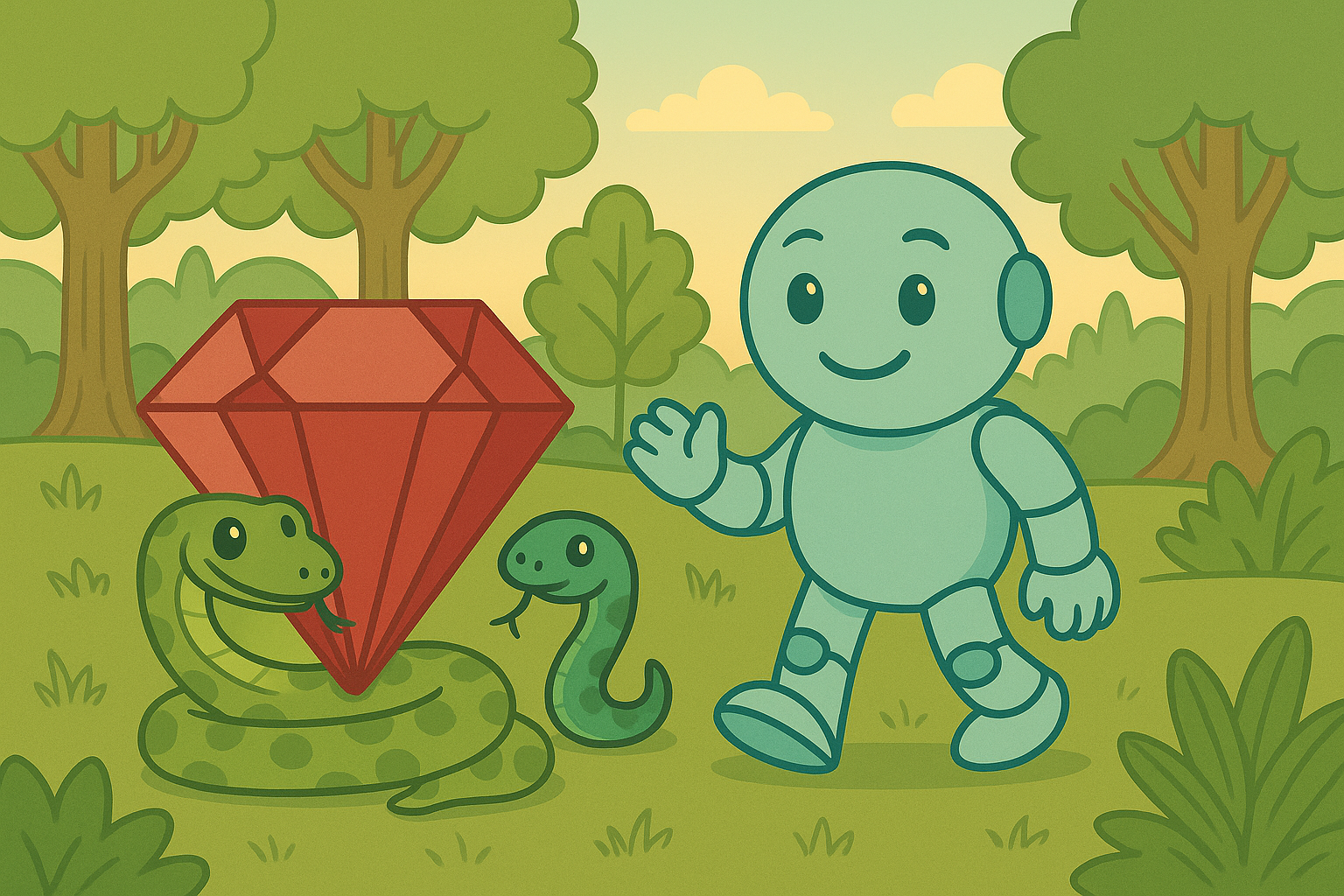 Namero the robot stands in a forest next to two snakes and a large red gem – a symbolic illustration of the programming languages Python and Ruby.