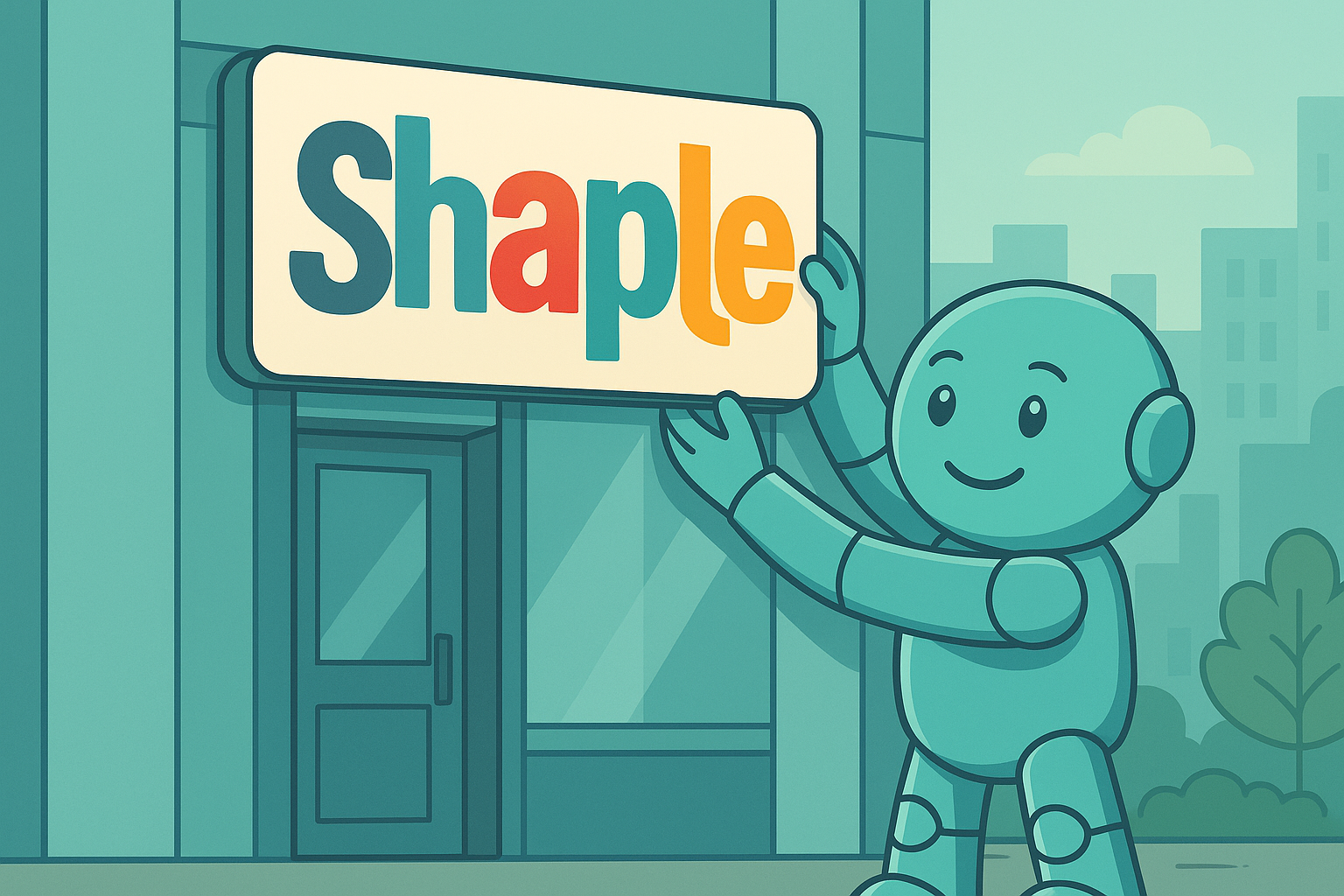 Namero mounts a colorful business sign reading “Shaple” above the entrance of a store – representing brand presence, storefront identity, or launching a business.