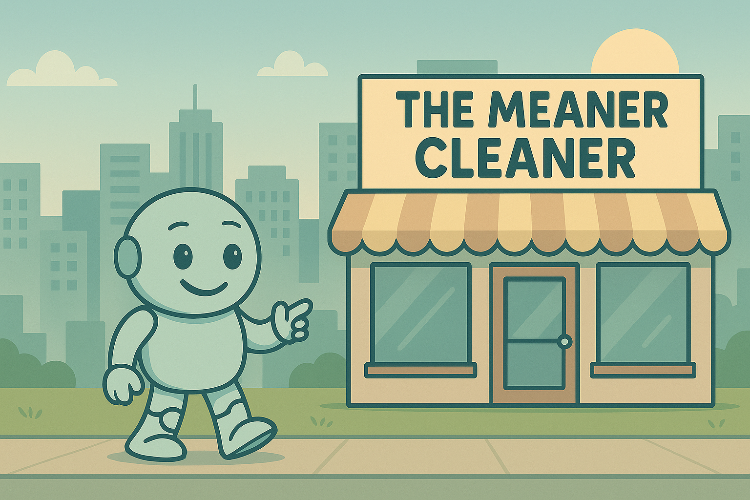 A friendly cartoon robot walks past a storefront named 