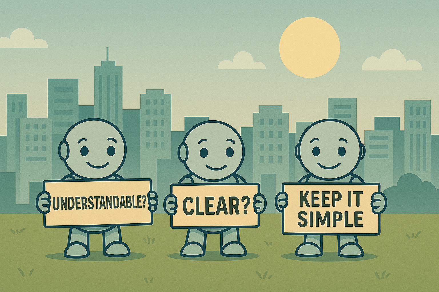 Three Namero robots stand in a city park holding signs saying 