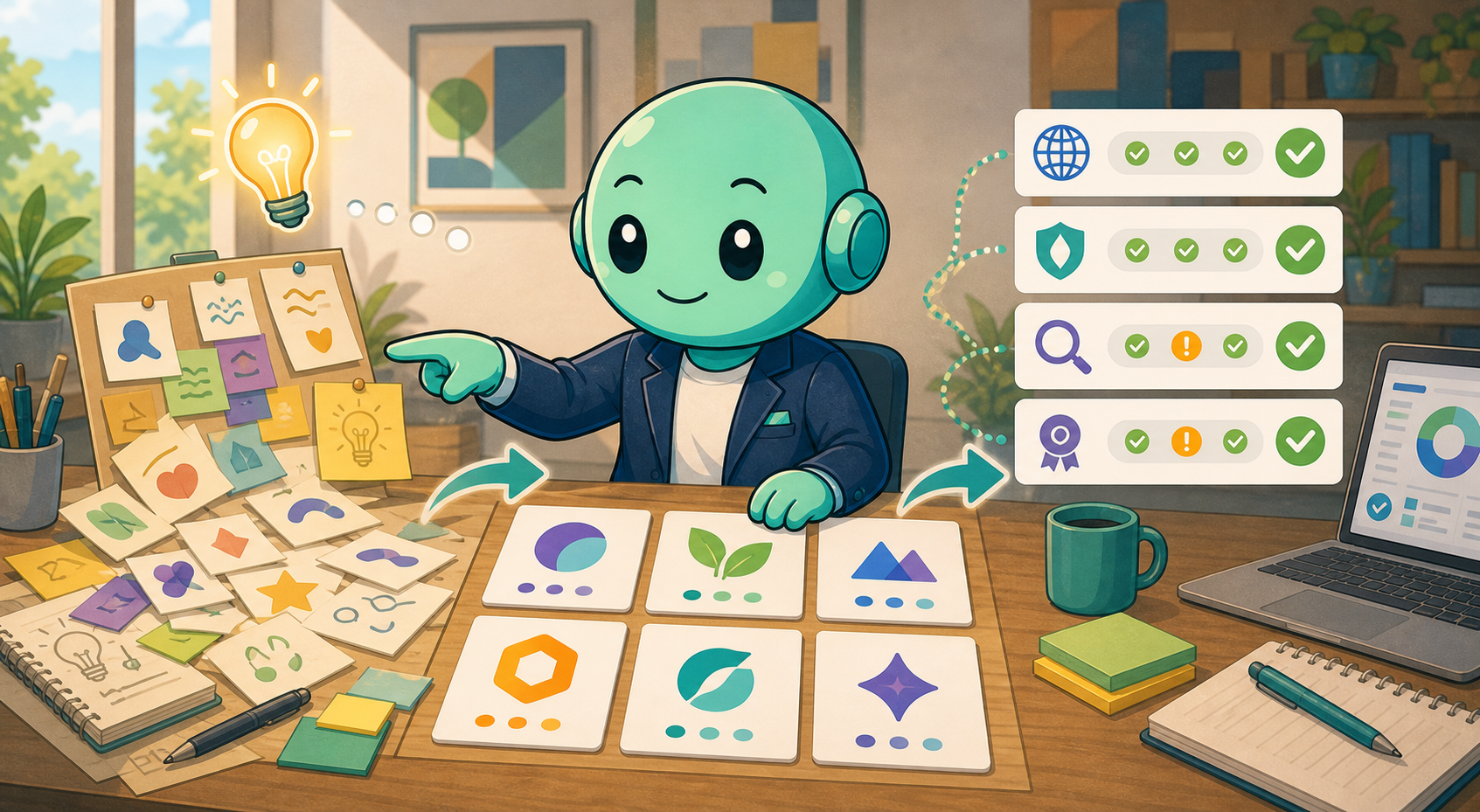 Startup naming workflow with Namero Namero guides startup name ideas from brainstorming to shortlist and validation checks without using text labels.