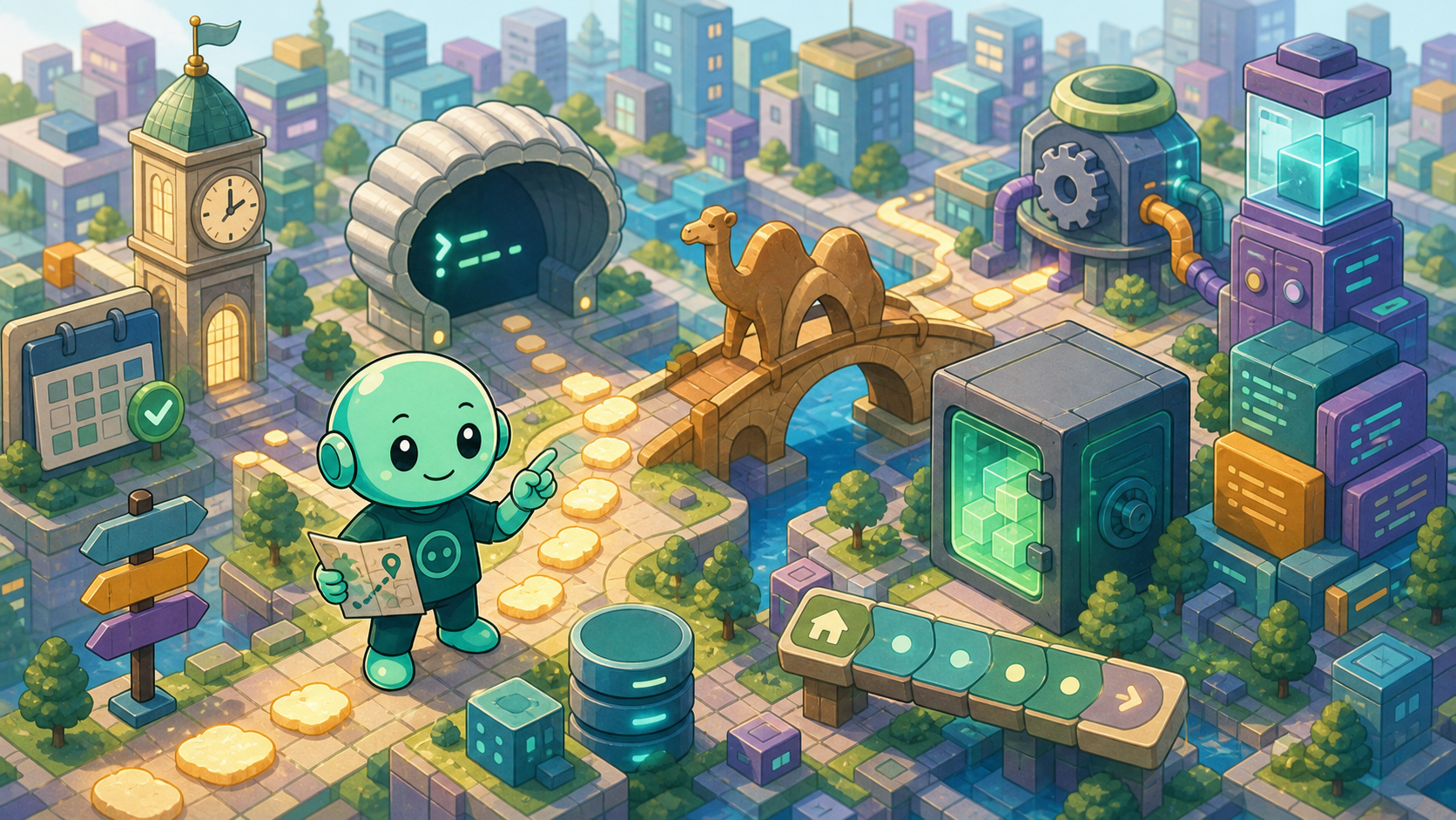 Namero follows a breadcrumb path through an isometric software city with metaphors for shells, cache, cron and programming terms.