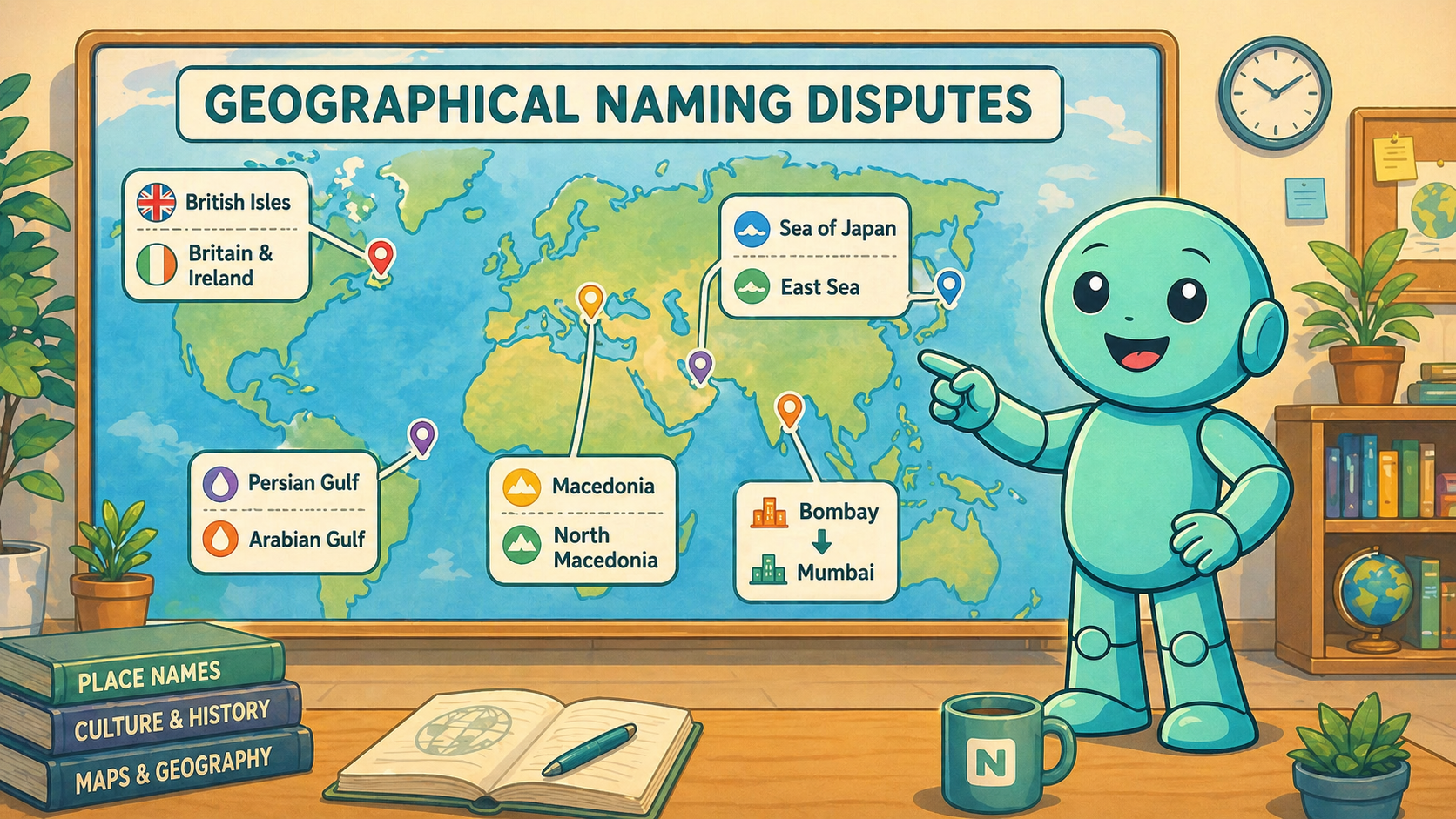 Namero points to a world map showing examples of disputed geographical names in different regions.