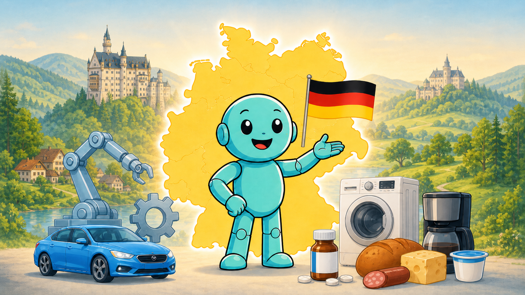 Namero stands before a map of Germany with a flag and typical products and symbols of German industry.