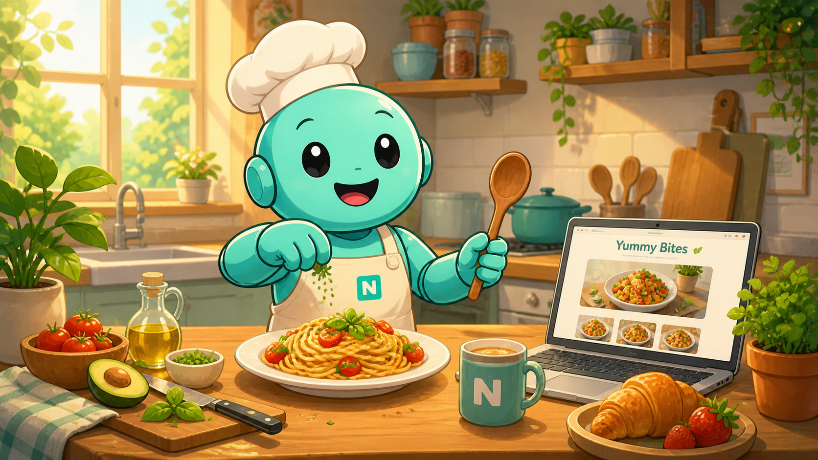 Namero cooks in a kitchen while a laptop displays a food blog with appetizing dishes.