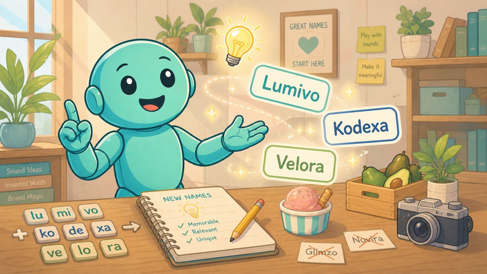 Inventing names from scratch with Namero Namero combines syllables and ideas into new invented names at a desk full of word elements.