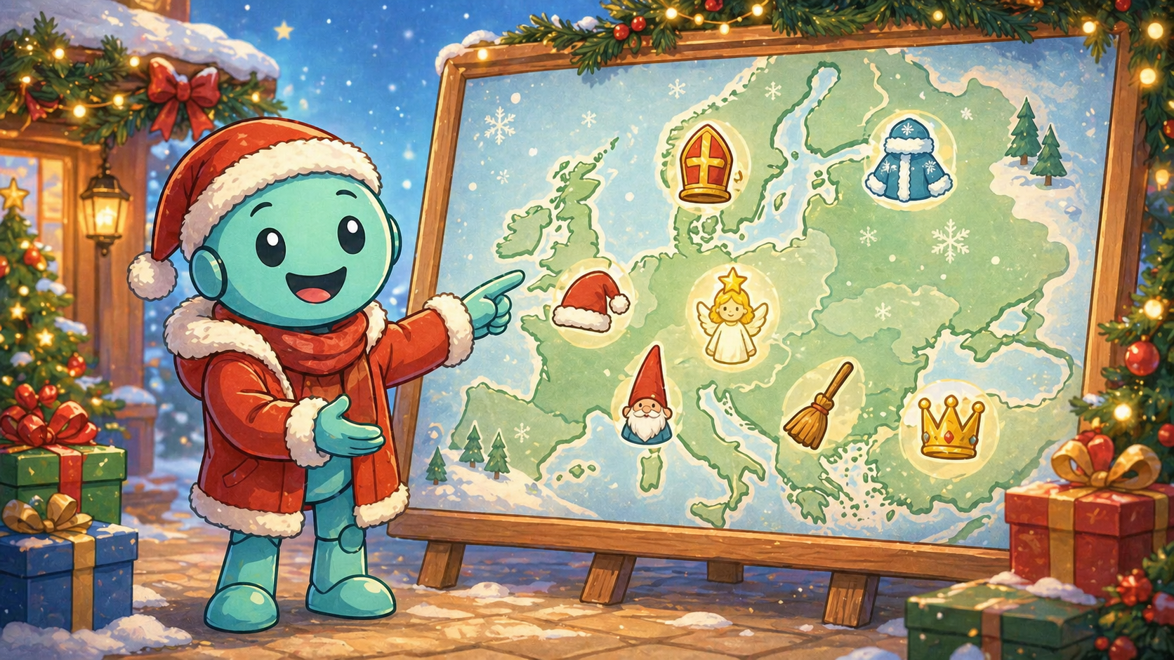 Christmas name variants for Father Christmas in Europe Namero presents a winter map of Europe with different figures and names for Father Christmas.