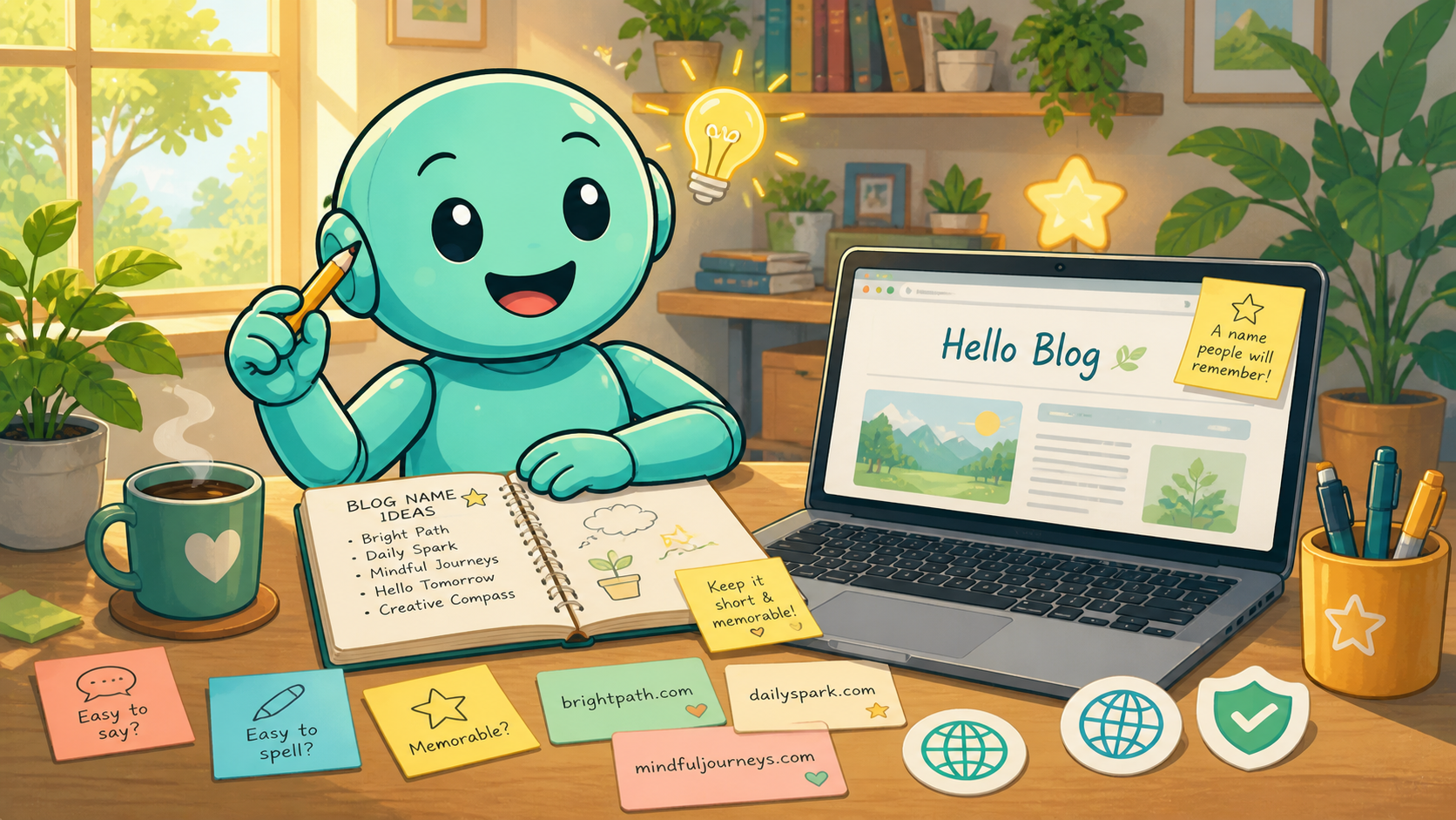 Namero collects blog name ideas in a notebook and reviews them beside a blog website on a laptop.