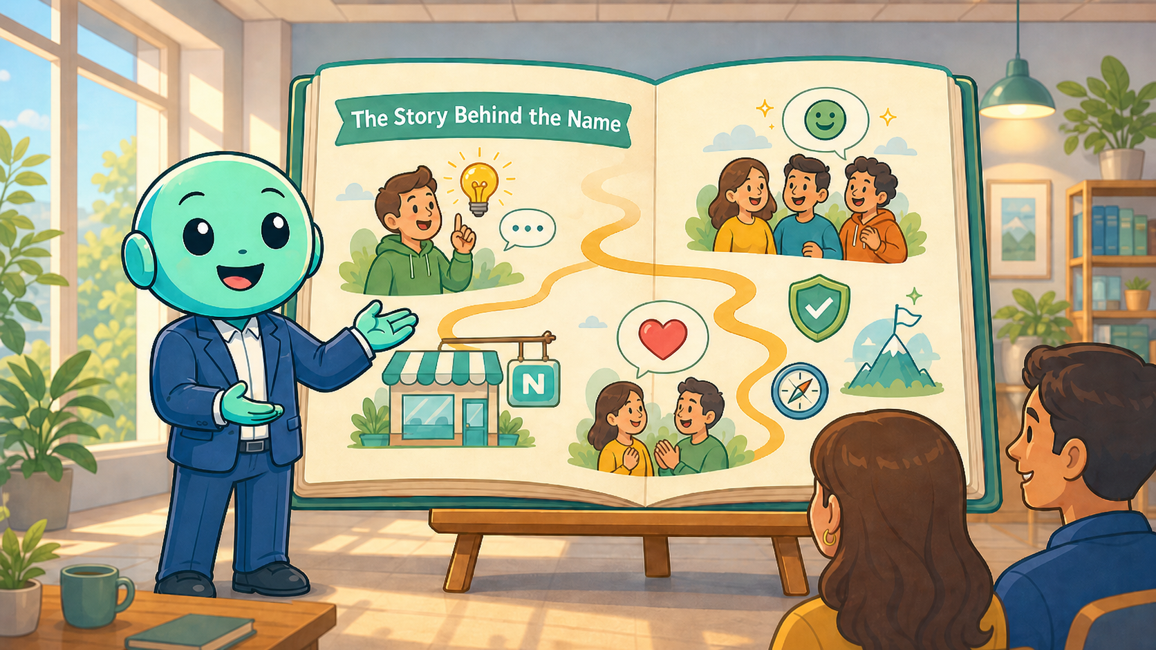 The story behind the name Namero presents a large storybook showing how an idea becomes trust, direction and brand story.