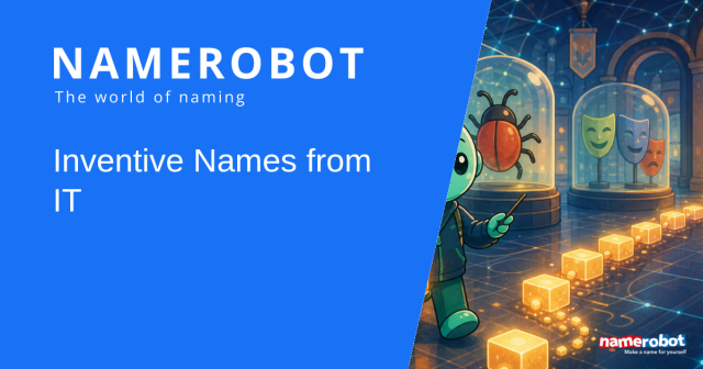 Social sharing image for the NameRobot article about inventive IT names with Namero in a digital museum scene.