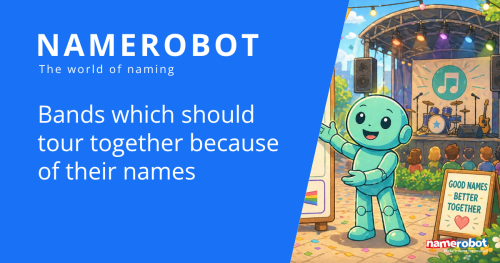 NameRobot social share graphic for the music themed article, showing Namero at a festival beside a poster of combined band names.