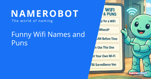 NameRobot social share graphic about funny WiFi names, showing Namero beside a list of humorous router names.