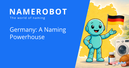 NameRobot social share graphic about Germany as a naming powerhouse, showing Namero before a map of Germany, a flag and industry symbols.