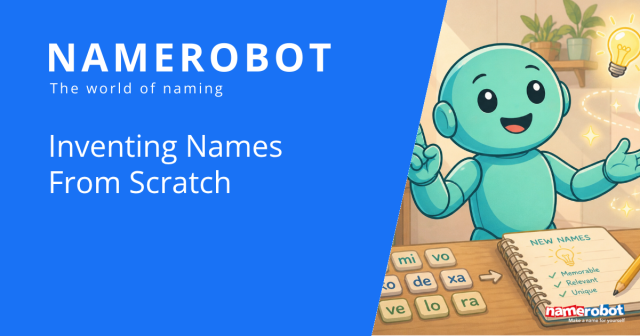 Inventing Names From Scratch NameRobot social share graphic about inventing names from scratch, showing Namero at a desk full of word building blocks.