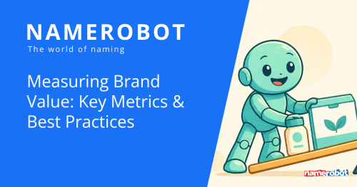 NameRobot social share graphic about brand value measurement, showing Namero balancing sustainable products and a money symbol.