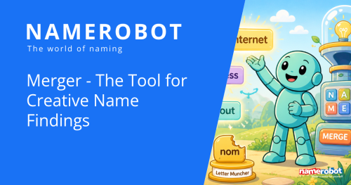 NameRobot social share graphic about the Merger tool, showing Namero beside a colorful machine for combining word parts.