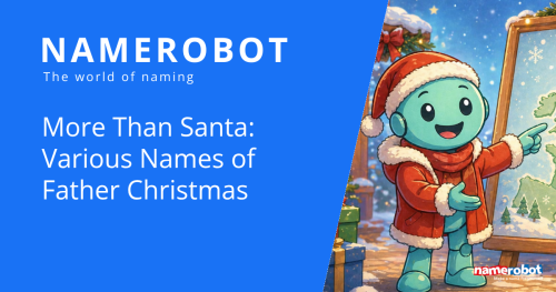 NameRobot social share graphic for the Christmas article, showing Namero in a red winter coat in front of a map of Europe.