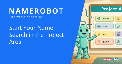 NameRobot social share graphic showing Namero beside a project area board for a structured name search.