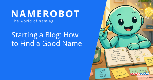 NameRobot social share graphic about blog naming, showing Namero with a notebook and blog ideas on a desk.