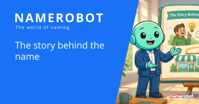 NameRobot social share graphic for the article The story behind the name, showing Namero beside an open illustrated book about brand creation.