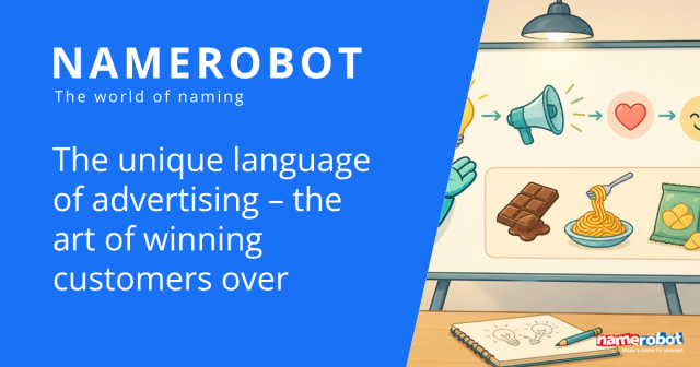 NameRobot social share graphic about the language of advertising, showing Namero beside a board with ideas, emotion and products.