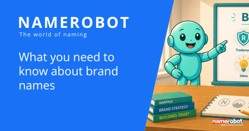 NameRobot social share graphic about brand names, showing Namero beside a board about trademark, ideas and brand strategy.