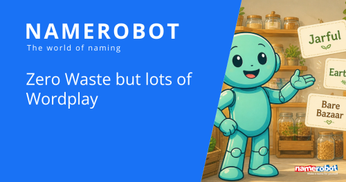 NameRobot social share graphic about zero waste naming ideas, showing Namero inside a sustainable shop.