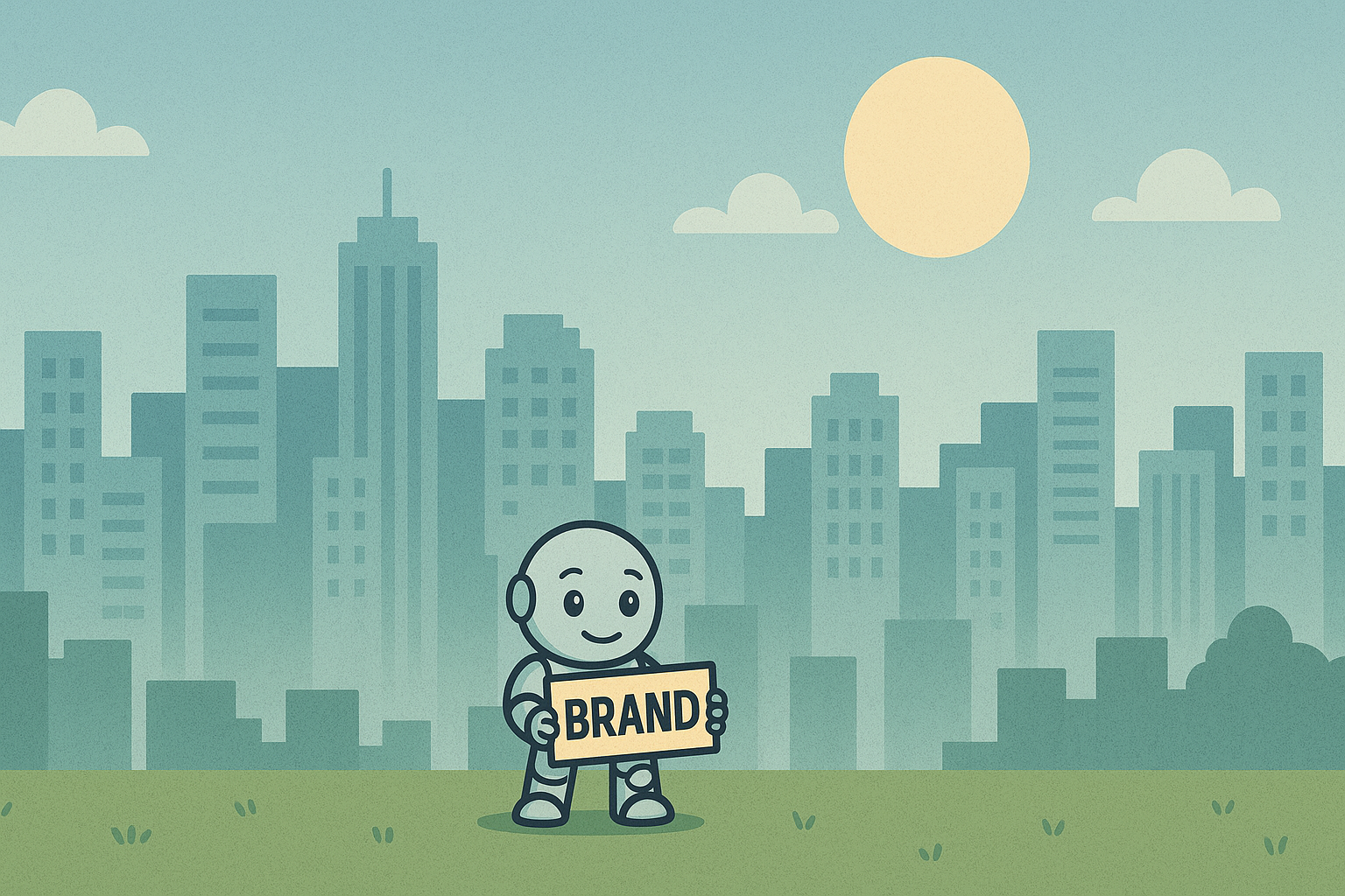 Namero, NameRobot's mascot, holds a sign with the word 'BRAND' on it - a symbol of branding and brand discovery