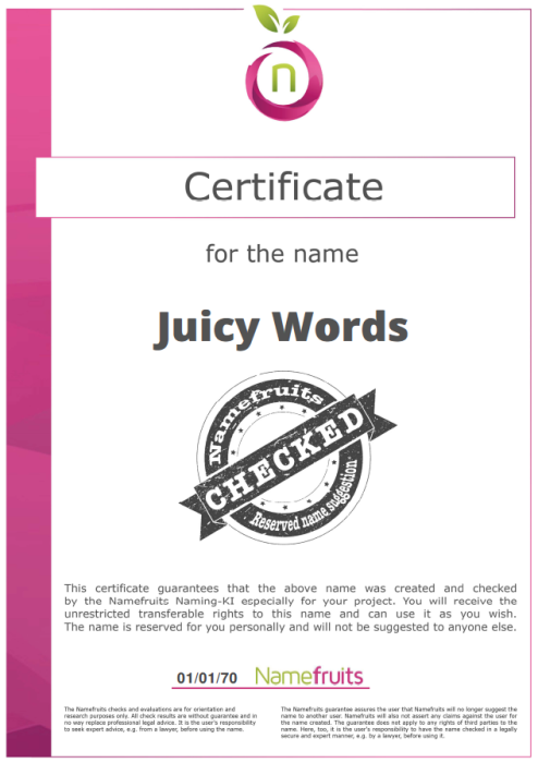 Business names criteria – certificate