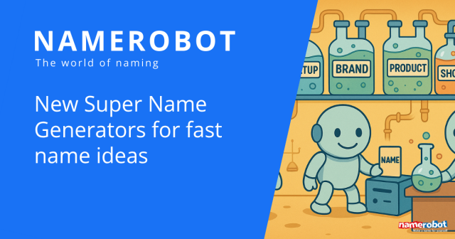 A cartoon robot in a naming lab holds a card labeled 
