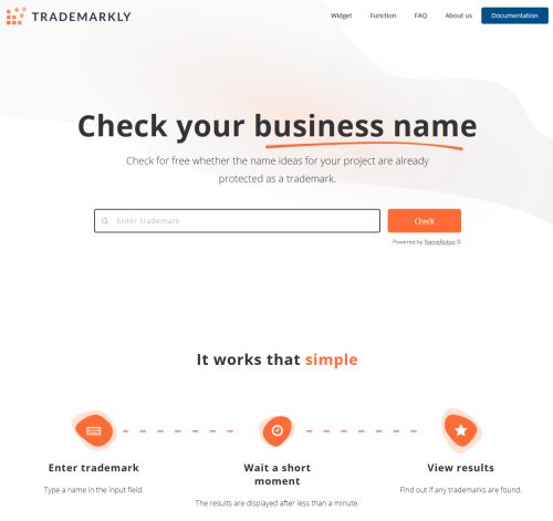 Screenshot of the trademarkly.io tool for trademark examination