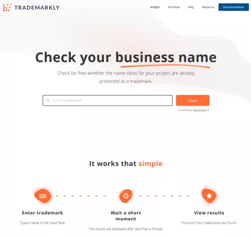 Screenshot of the trademarkly.io tool for trademark examination