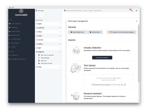 Word Depot for managing words and names